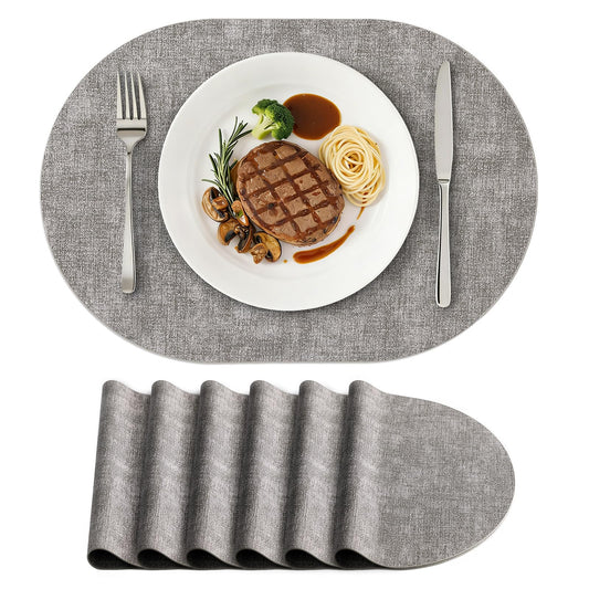 homing Placemats Set of 6, Heat Resistant Oval Faux Leather Place Mats 11.8 x 17 Inch, Waterproof Wipeable Reversible PU Placemat for Kitchen Dining Table, Indoor & Outdoor, Light Grey