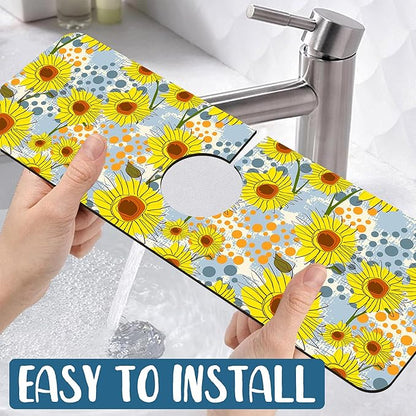 Watercolor Sunflowers Sink Faucet Absorbing Mat Sunflowers Polka Dots Super