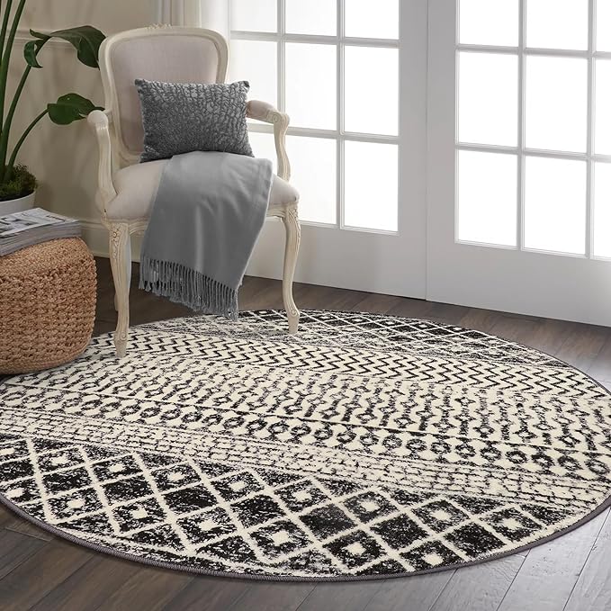 Moroccan Washable Round Area Rug, 4ft Non-Slip Distressed Black Area Rug for Bedroom, Soft Non-Shedding Circle Rug Bedside Carpet for Living Room Dining Room Bedroom