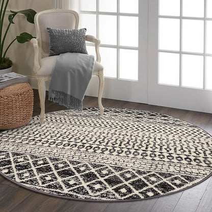 Moroccan Washable Round Area Rug, 4ft Non-Slip Distressed Black Area Rug for Bedroom, Soft Non-Shedding Circle Rug Bedside Carpet for Living Room Dining Room Bedroom