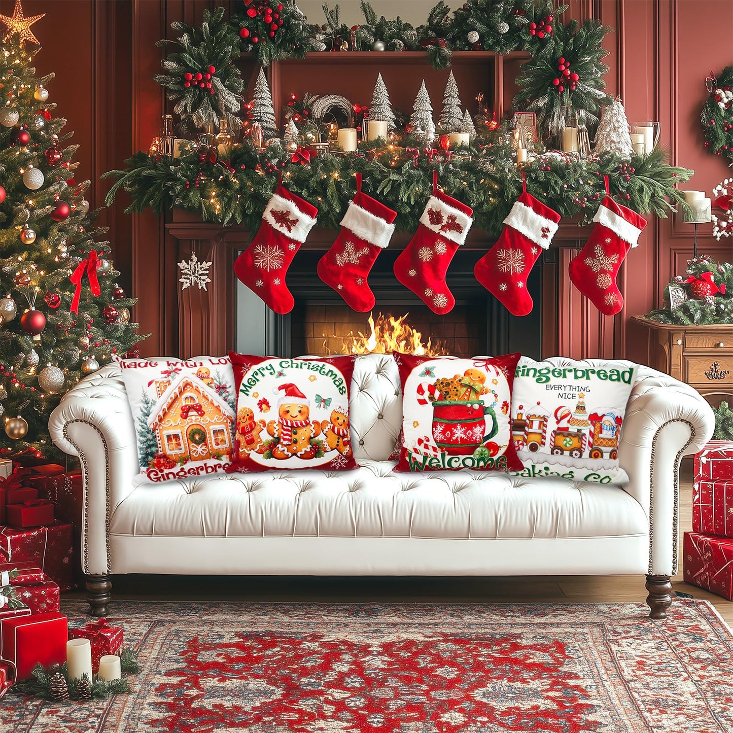 Mocsicka Christmas Gingerbread House Pillow Covers 18×18 Inch, Gingerbread Man House Bakery Throw Pillow Covers Xmas Holiday Cushion Case for Sofa Couch Bed Home Decorations Set of 4