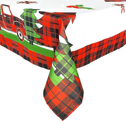 pinkblume 4.3x9Ft Christmas Tablecloth Rectangle Buffalo Plaid Xmas Tree Red Truck Joy Merry Christmas Sign Reindeer Snowflake Holly Berry Dining Table Cover for Holiday New Year Kitchen Decorations