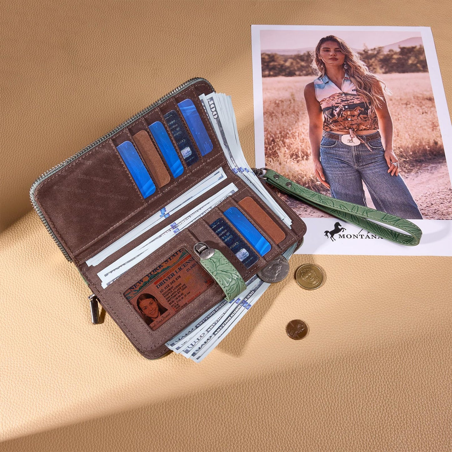 Montana West Green Floral Wallet Wristlet Women Large Capacity RFID Blocking Wallets, Card Cases & Money Organizers Ladies Female Bifold Clutch Wallets with ID Window and Latch Gifts