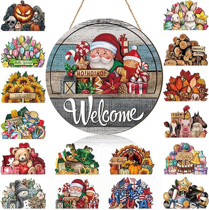 Yousoontic 17 Pcs 12 Inch Magnetic Welcome Door Sign Interchangeable Front Door Decor Rustic Fall Seasonal Hanging Sign Halloween Christmas Decor for Home Warming Gift(Retro Color,Grain Welcome)