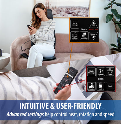 Zyllion Shiatsu Neck and Back Massager with Heat for Chair - 3D Electric Full Body Kneading Deep Tissue Massage Pad with Seat Cushion Vibration for Muscle Pain Relief, Black, ZMA-33