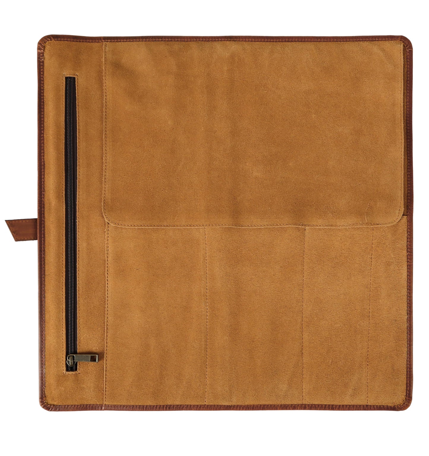 KomalC Premium Buffalo Leather Chef Knife Roll – 17.5″ × 17.5″ Knife Storage Bag with 4 Slots, Suede Lining, Brass Buckle & Zipper Pouch – Portable Travel Case for Chefs & Culinary Students