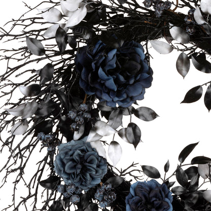 National Tree Company Artificial Deadwood and Roses Halloween Wreath, Black, 24 inch
