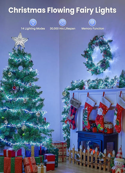 Flowing Fairy Lights Plug in with 14 Modes, 10FT 388LED Twinkle String Lights Indoor, Christmas Tree Lights Indoor Waterproof for Bedroom Christmas Home Room Decor, Cool White