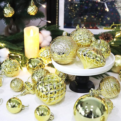 Christmas Ornaments Set with 36pcs Shatterproof Christmas Tree Decorations Multi-Size Christmas Ball Ornaments with 7 Styles Gold
