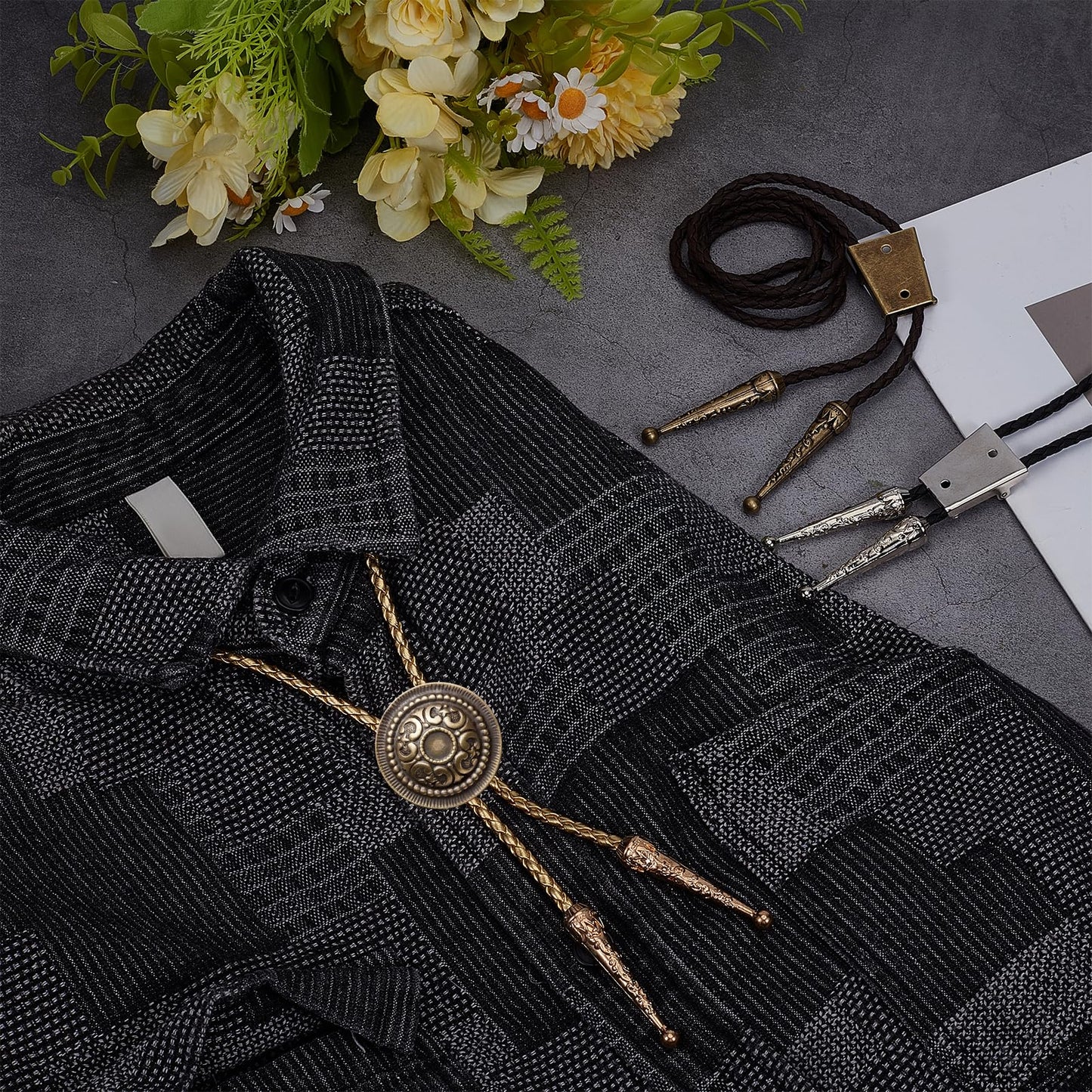 NICENEEDED Bolo Tie Making Kit, Bolo Tie Tips Replacement Accessories with 6 PCS Zinc Alloy Cord End 3 PCS Slide Clasps and 3 PCS Leather Necktie Cord, Western Style Tie Supplies for Bolo Tie Making