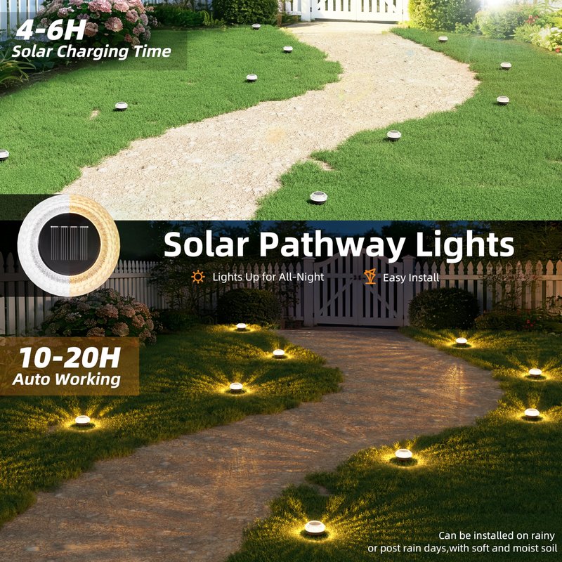 VOLISUN Solar Ground Lights Outdoor,12 Pack Flat Solar Pathway Lights,IP67 Waterproof Solar Powered Disc Lights,Landscape Lighting for Garden Yard Walkway Patio Driveway,Warm White