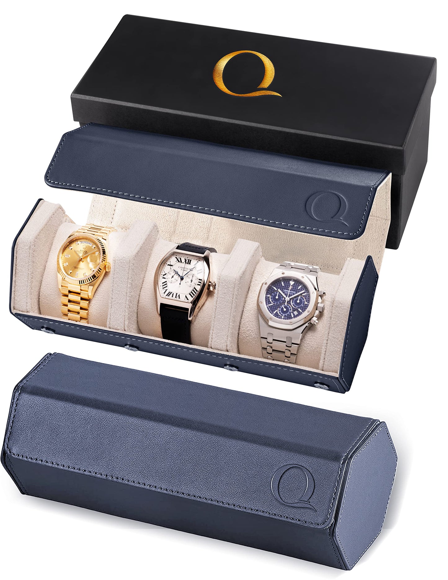 QWATCHBANDS Napa Leather Watch Rolls for Men - Hexagon Triple Watch Roll Travel Case for 3 Watches - Storage Organizer Genuine Leather with Velvet Interior Display (Blue/Cream)