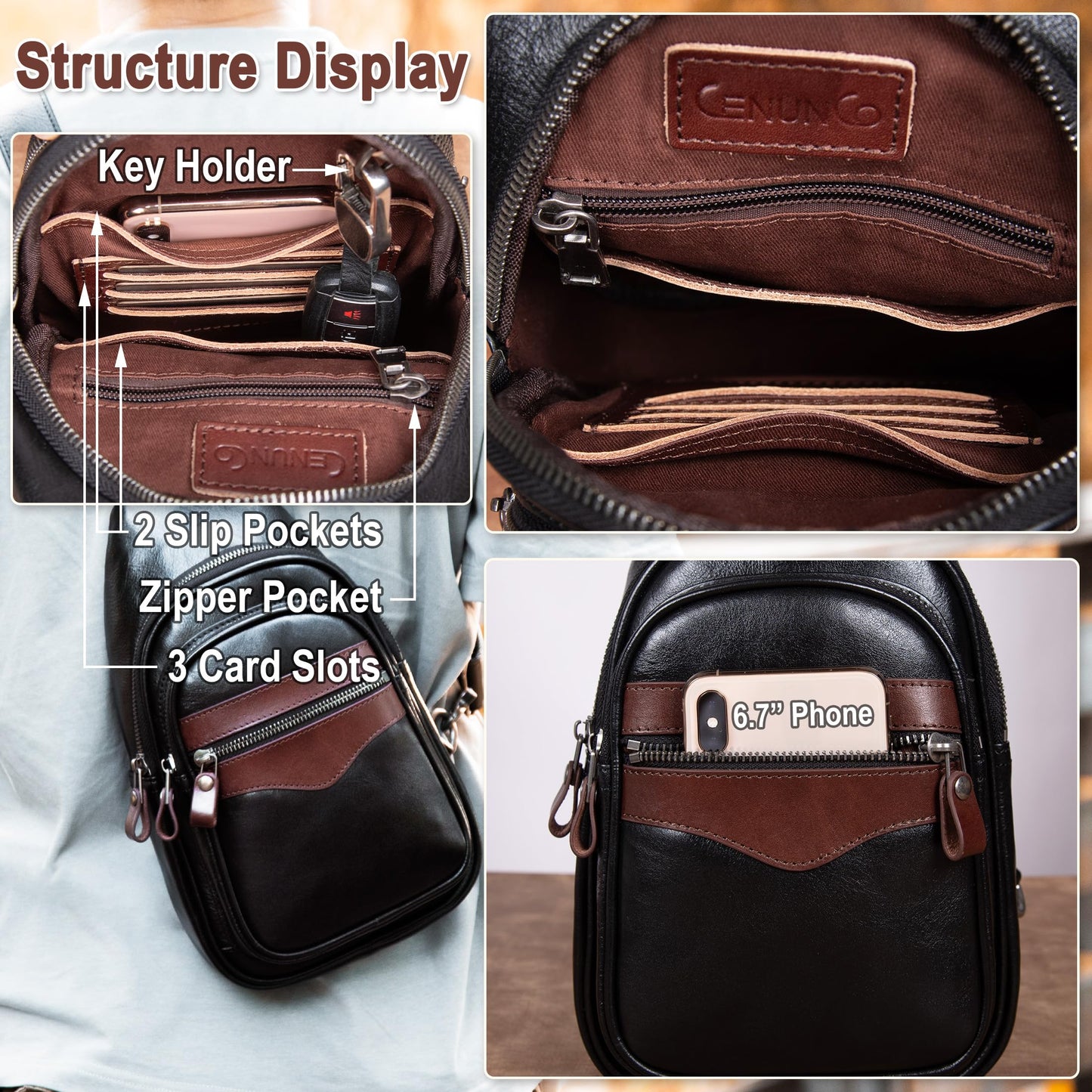 Genuine Leather Sling Bag for Men and Women Crossbody Shoulder Bag Sling Backpack Chest Purse Carry on Casual Daypack(Black)