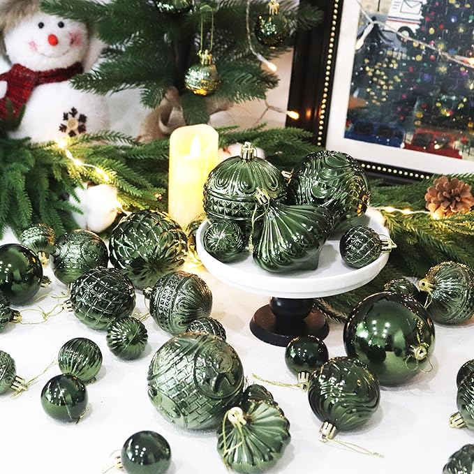 Christmas Ornaments Set with 36pcs Shatterproof Christmas Tree Decorations Multi-Size Christmas Ball Ornaments with 7 Styles Dark Green