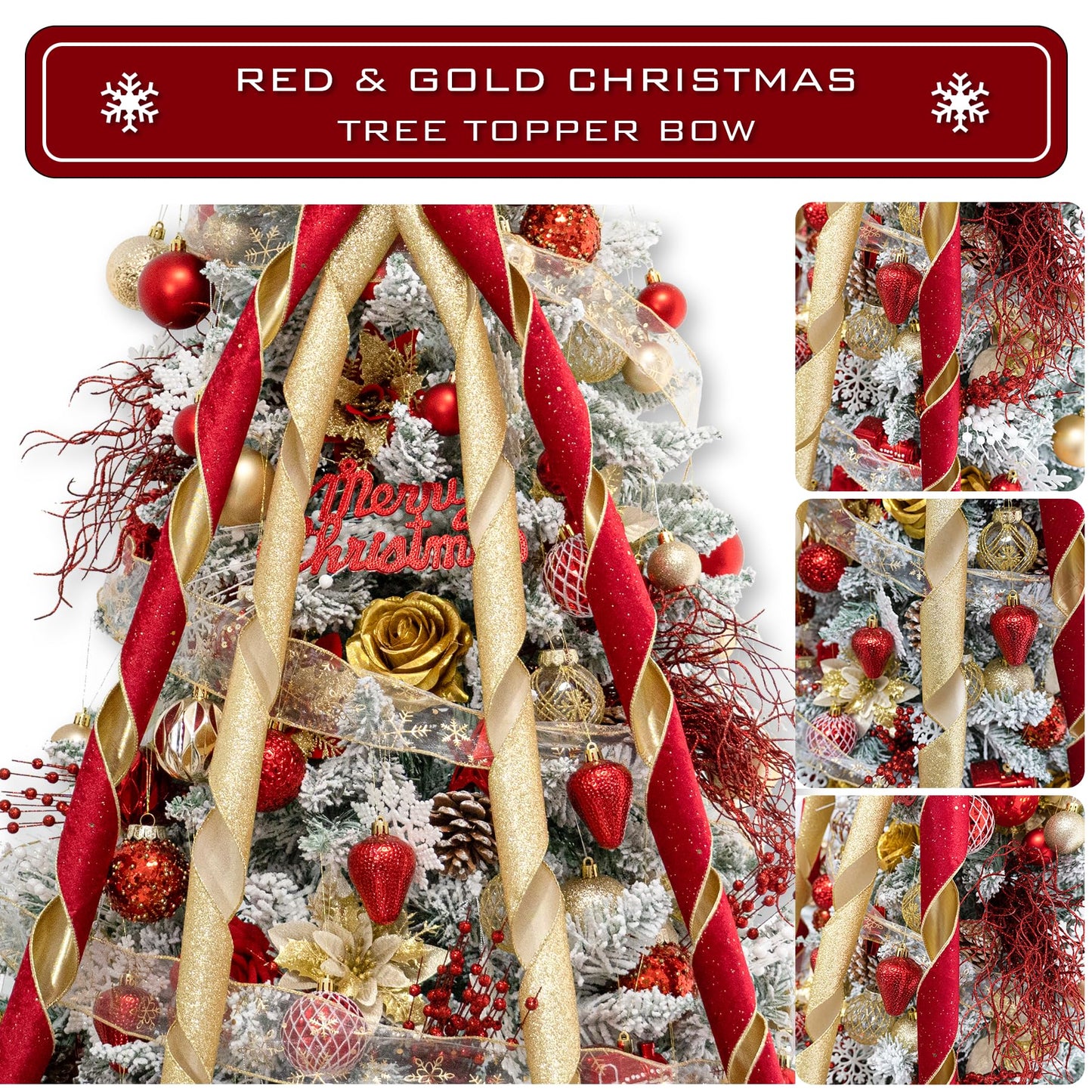 Hismir Christmas Tree Topper Bow，53x13 Inches Large Christmas Bow with Glitter Streamer，Decorative Bows for Xmas Tree Wreath Door Festival Home Decor(Red Gold)