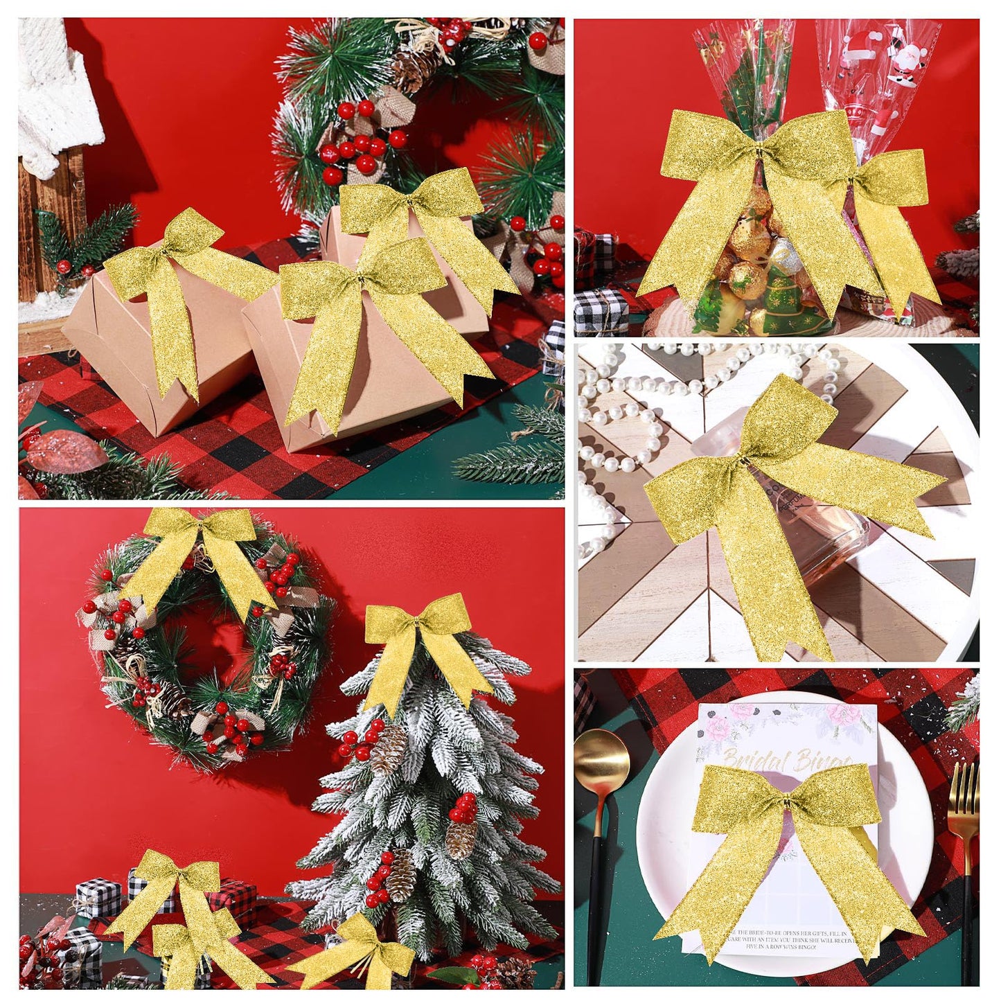 Sumind 36 Pieces Gold Christmas Tree Glitter Bows, 5 x 4 Inch Tie Ribbon Twist Tie Bows for Treat Bags Gift Wrapping Basket Wedding Birthday Valentine Christmas Tree Wreath Garland Decoration
