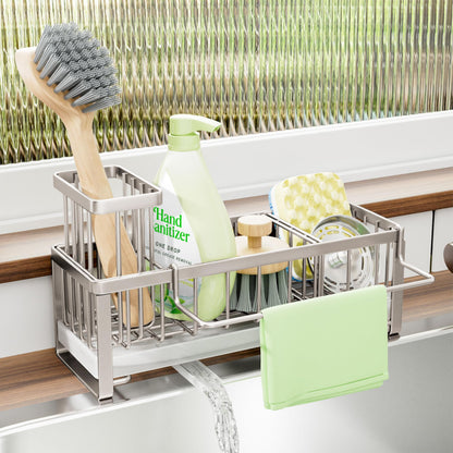 SWTYMIKI Sponge Holder for Kitchen Sink - Sink Caddy with Brush Holder Self-draining Sponge Caddy Organizer with Divider Stainless Steel Kitchen Accessories Storage for Countertop, Black