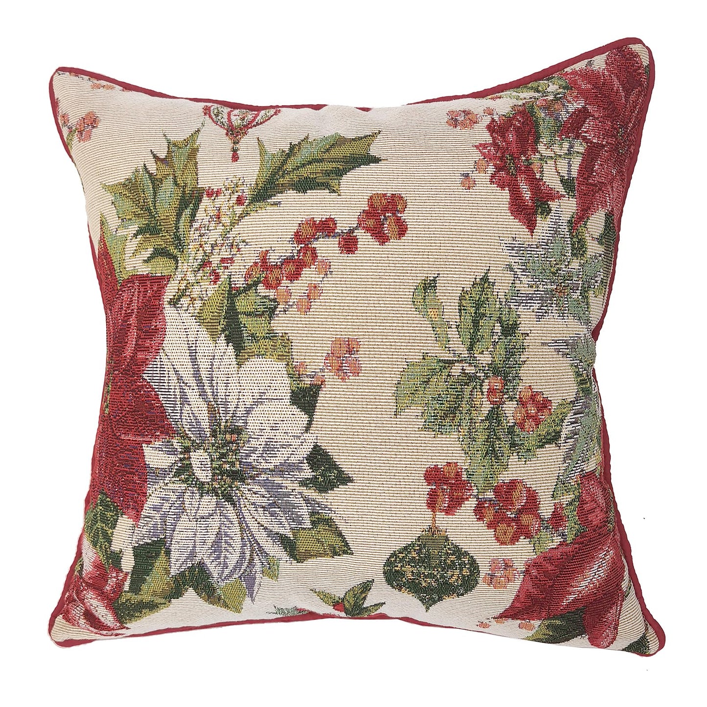 Christmas Tapestry Throw Pillow Cover 18x18 Inch - Festive Woven Jacquard Poinsettia & Holly Cushion Case - Red Piped Edges, Hidden Zipper - Decorative Holiday Home Decor for Sofa/Couch