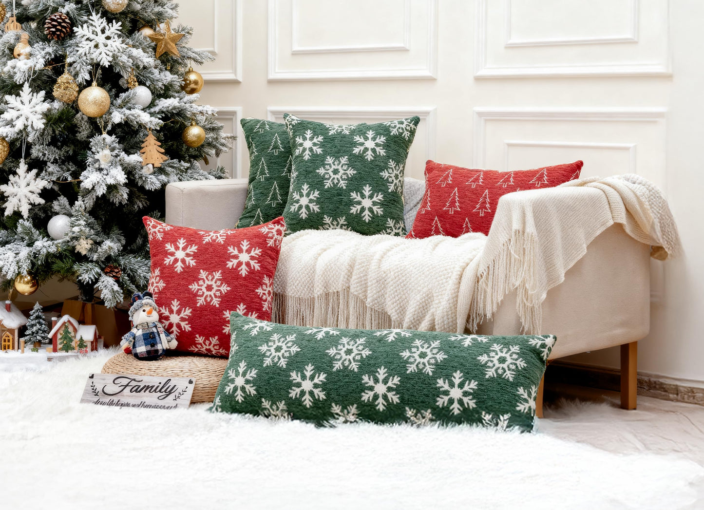 Auomily Soft Chenille Christmas Pillow Covers 18x18 Set of 2, Reversible Snowflake & Tree Pattern, Thick & Cozy Farmhouse Holiday Cushion Cases with Hidden Zipper for Sofa Couch Bed(Green,18x18)