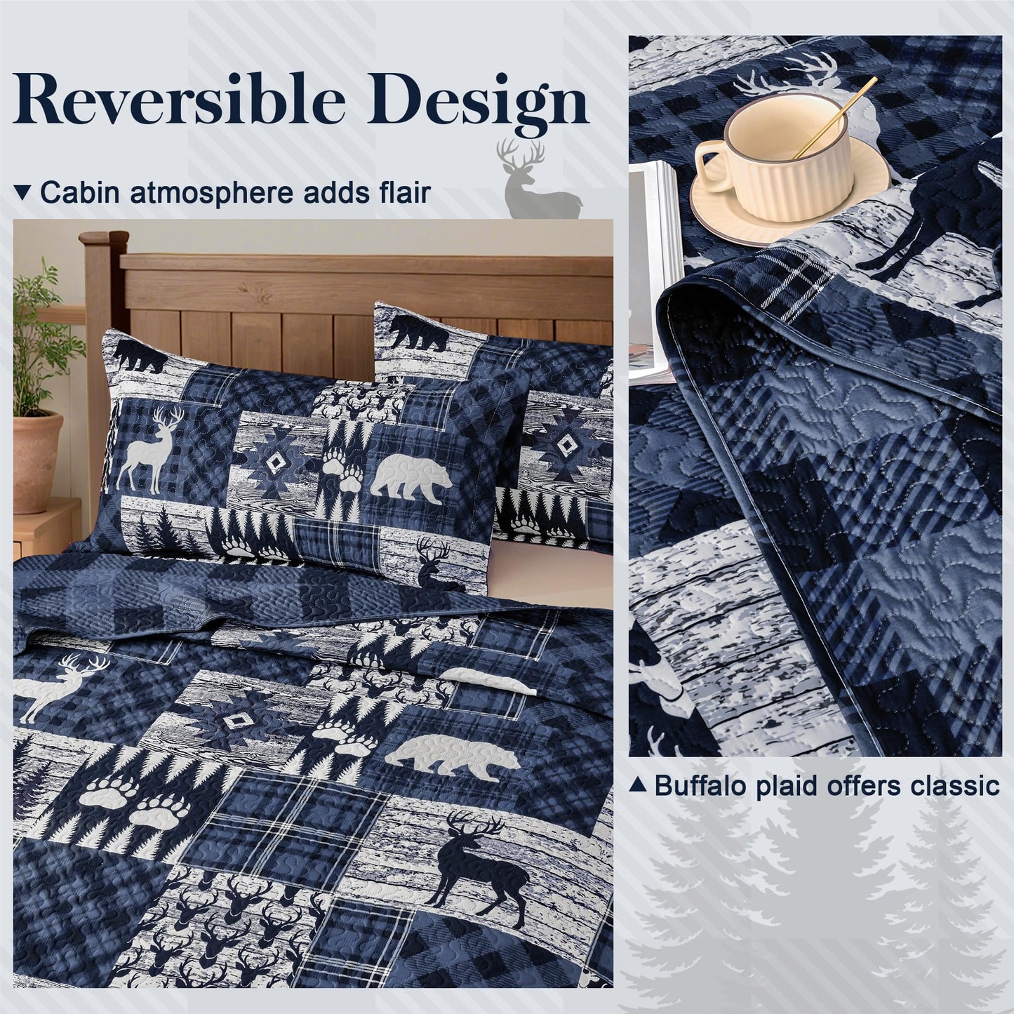 3 Piece Cabin Full/Queen Quilt Sets Farmhouse Rustic Reversible Microfiber Soft Lightweight Bedspread Comforter with 2 Shams Patchwork Country Lodge Bedding Quilts Set for All Season, 90''x96'', Blue