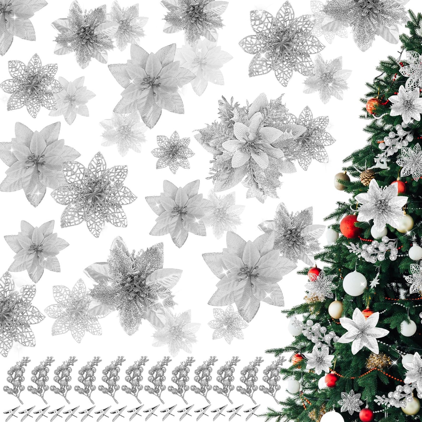 Zeyune 48 Pcs 3 Styles Christmas Glitter Poinsettia Flowers Artificial Berry Picks Artificial Christmas Flowers with Clips for Xmas Tree Wedding Wreath Holiday Party Decorations(Silver)