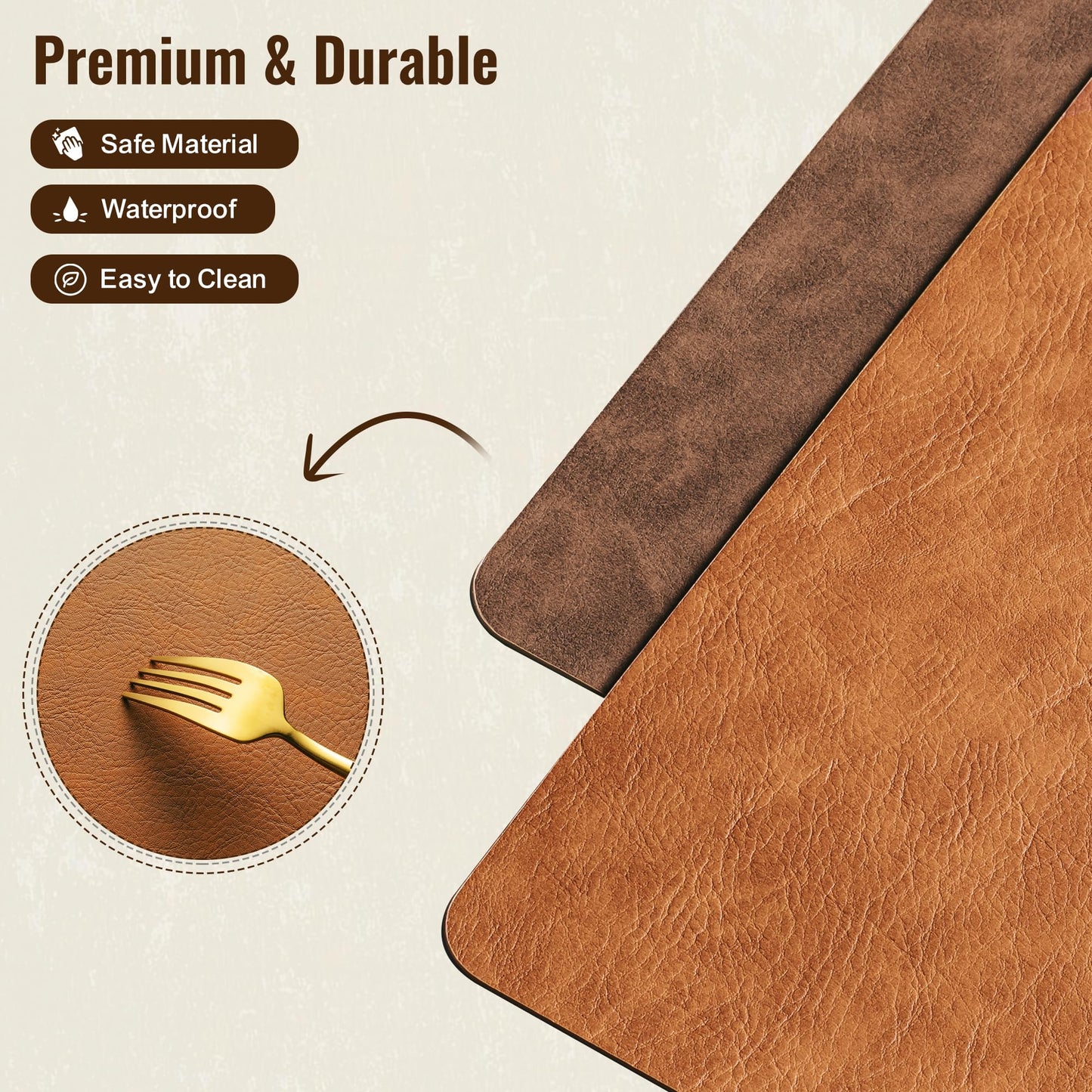 Placemats Set of 4, DOLOPL Reversible Dual-Color Faux Leather Place Mats 17"x11.8"– Waterproof, Heat Resistant, Washable & Wipeable, Luxury Retro Style for Kitchen Dining Table (Reddish Brown & Brown)