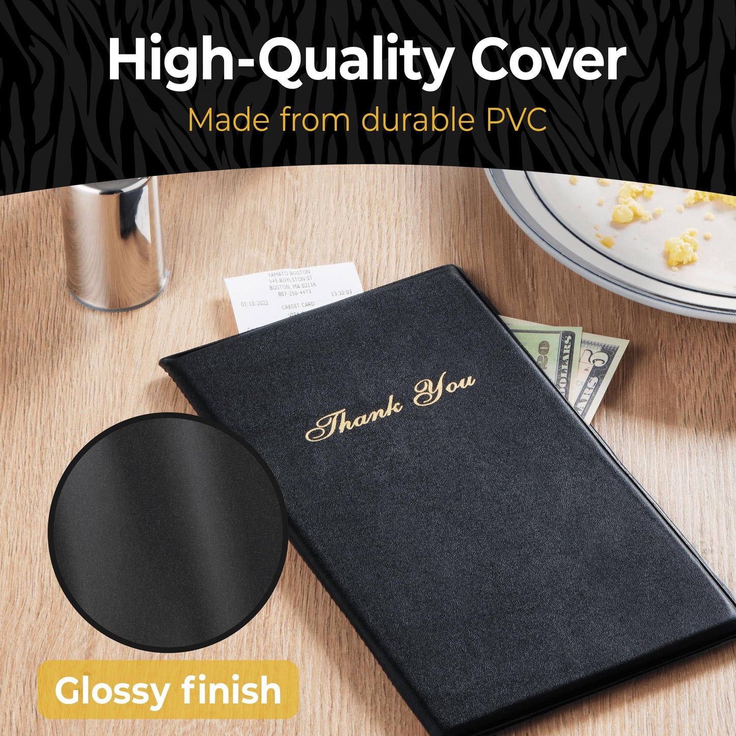 Gold Lion Gear Restaurant Check Presenters - Guest Check Card Holder with Gold Thank You Imprint - 5.5" x 10" Black 20 Pack, Standard Server Book - Waitress Book