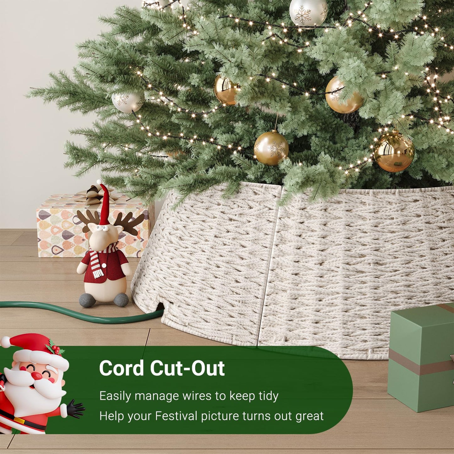 ELYKEN Christmas Tree Collar, 28 Inch Woven Christmas Tree Basket, Cotton Rope Xmas Tree Skirt Tree Ring, Rustic Farmhouse Pencil Tree Collar for Holiday Home Decor