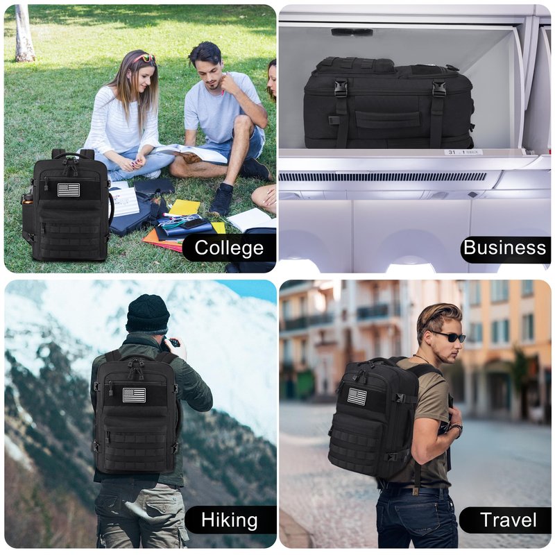 MOZETO TSA Approved Carry On Backpack, Extra Large Tactical Travel Backpack for Men, Airplane Approved Weekender Bag, Water Resistant Lightweight Laptop Daypack for Flight, Black