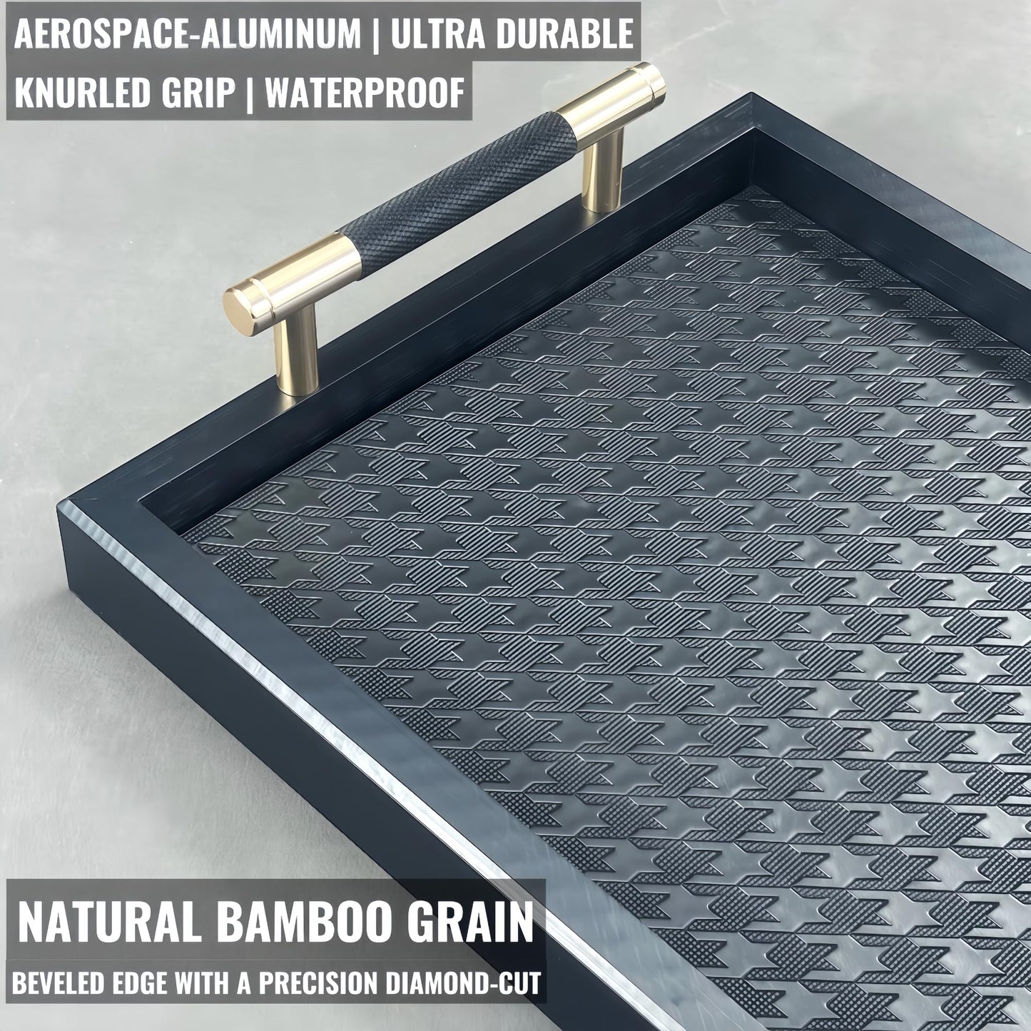 Bamboo Vanity Tray for Dresser -13.4"x8.7" Cologne Tray with Handles, Black Gold Trinket Tray for Perfume, Jewelry, Watch, Key - Bathroom Tray with Leather Mat for Countertop, Living Room, Bedroom