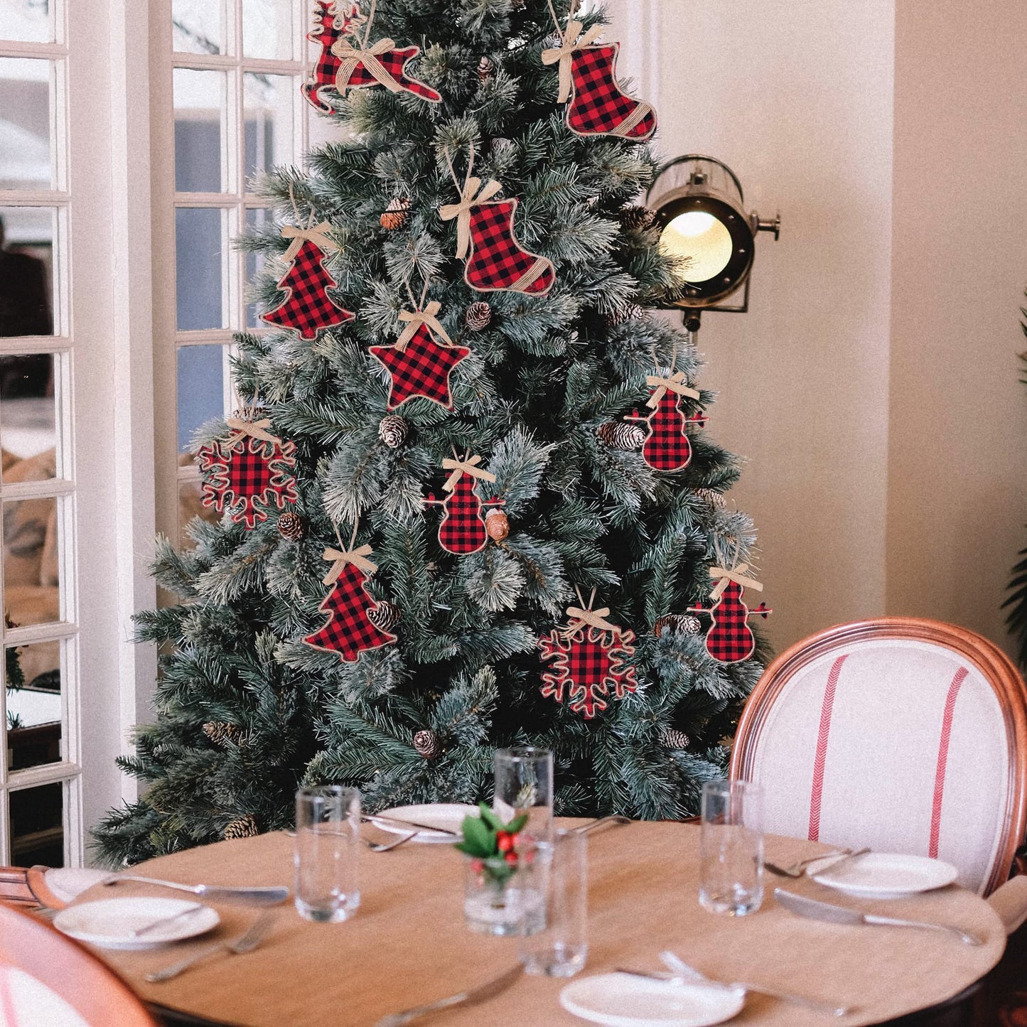 Watayo 12 PCS Christmas Plaid Hanging Ornaments-Black & Red Buffalo Check Plaid Burlap Hanging Ornaments-Tree Ball Bell Stocking Shaped Hanging Decor for Home Xmas Party Decorations Gift
