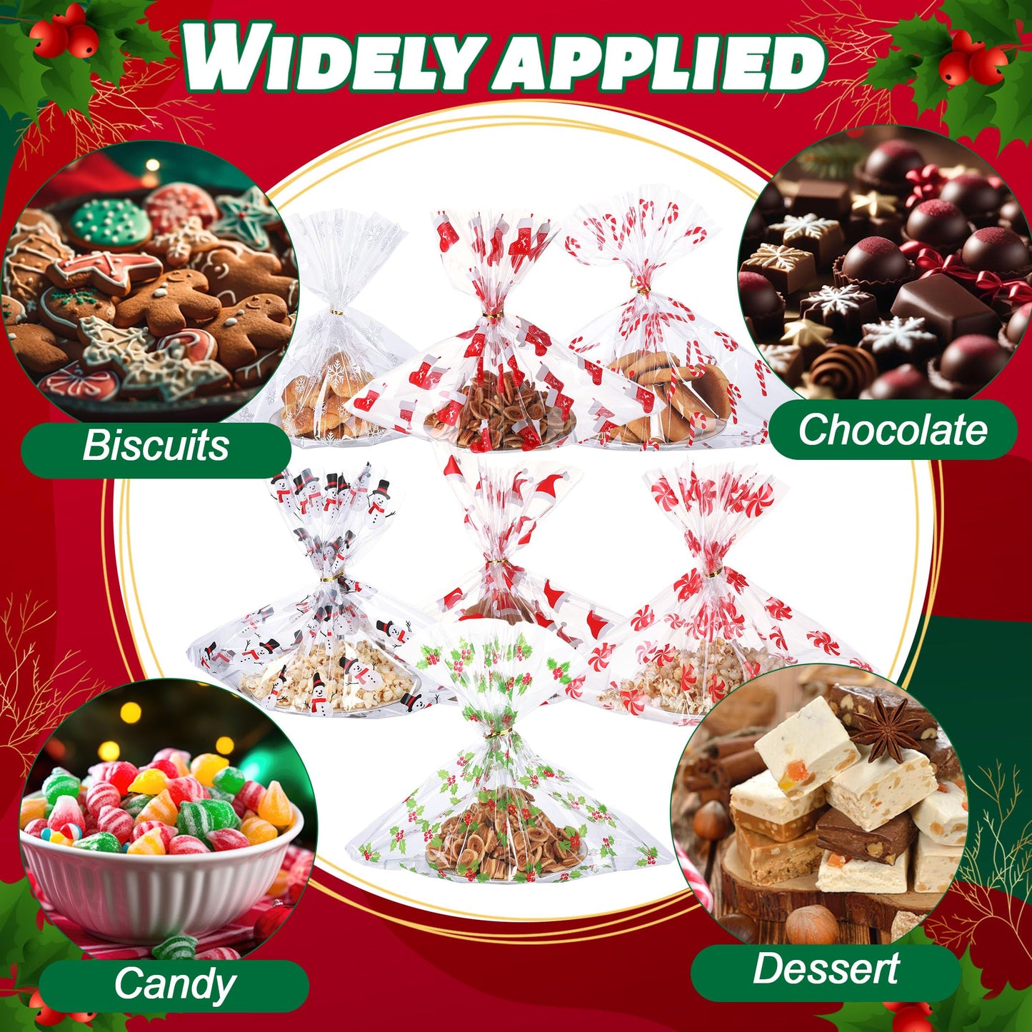 Yexiya 24 Pcs Christmas Cellophane Cookie Tray Bags 15" x 18" Clear Cello Serving Tray Bags with Twist Ties for Cookie, Treats, Gift Wrap or Display Winter Xmas Theme Party Supplies(8 Styles)