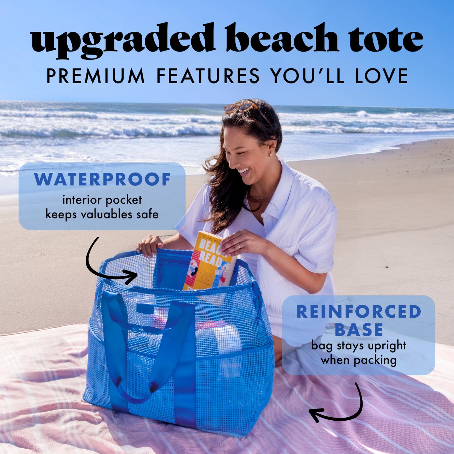 Fit & Fresh The Shore Thing™ Marine Grade Mesh Beach Bag with Pockets - Waterproof Sandproof Tote Bag, Lightweight Foldable Tote Bag, XL Travel Bag, Beach Vacation Essentials, Marina Blue