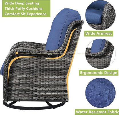 Rilyson Wicker Patio Furniture Set - 7 Piece Rattan Outdoor Sectional Conversation Sets with 2 Rocking Swivel Chairs,2 Ottomans,2 Sofa and 1 Coffee Table for Porch Deck Garden(Mixed Grey/Blue)