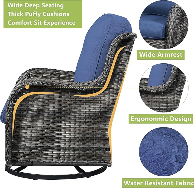 Rilyson Wicker Patio Furniture Set - 5 Piece Rattan Outdoor Sectional Conversation Sets with 2 Swivel Rocking Chairs,2 Ottomans and 1 Side Table for Porch Deck Garden(Mixed Grey/Blue)