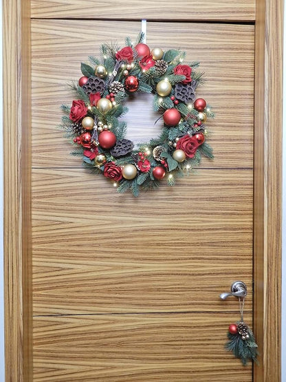 BIG 25" D Pre-lit Christmas Artificial Rose Pine Wreath w Natural Grapevine Base Lotus Seedpod (35 LED Lights, 8 Flash Options) for Xmas Decor at Shop Home Front Door Living Room Wall Window (Battery)