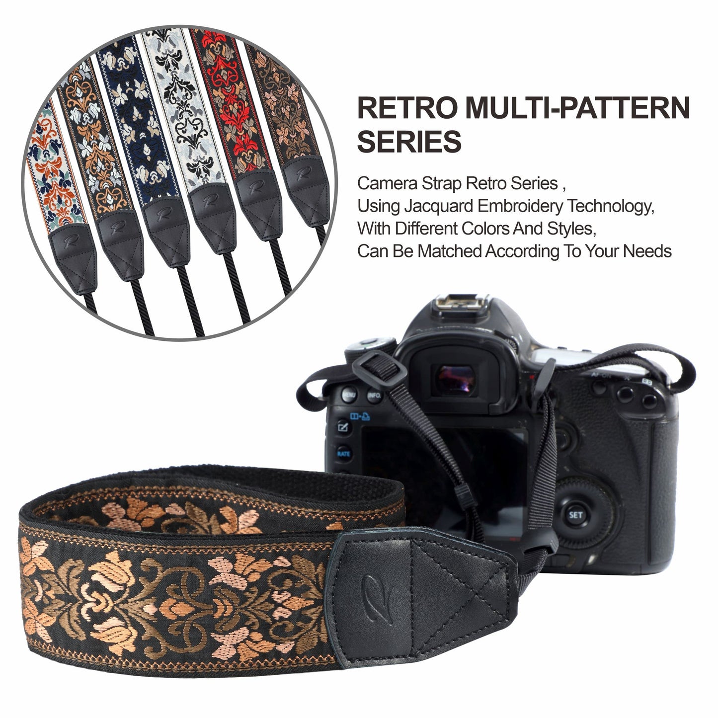 Padwa Lifestyle Camera Strap - 2" Wide Vintage Jacquard Embroidery Flower Camera Straps with Genuine Leather Head,Complimentary 2 Pcs Quick Release Clips for All Cameras and Men & Women Photographers