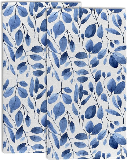 Blue Eucalyptus Leaves Bathroom Hand Towel Set of 2, Watercolor Botanical Plant