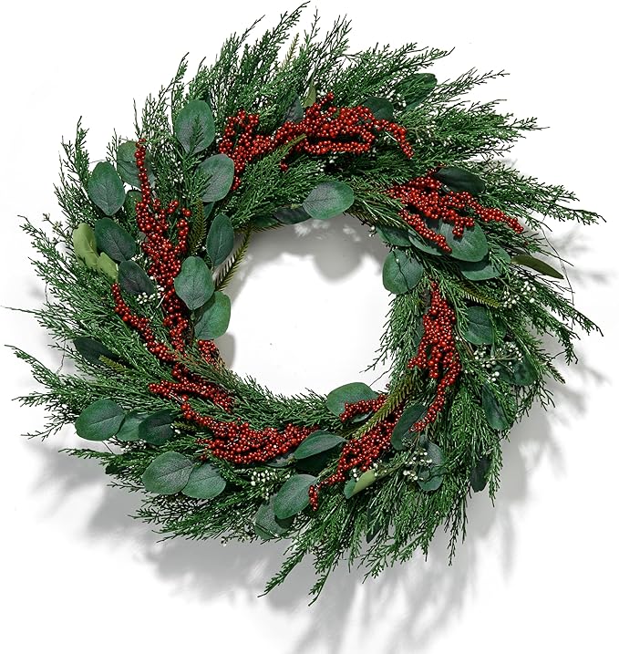 LampLust Winter Wreaths for Front Door Outside, 24 Inch Cypress & Eucalyptus Wreath with Red Berries 100 LED Lights, Timer, Battery Powered, Farmhouse Wreath Year Round, Winter Wreaths for Indoors