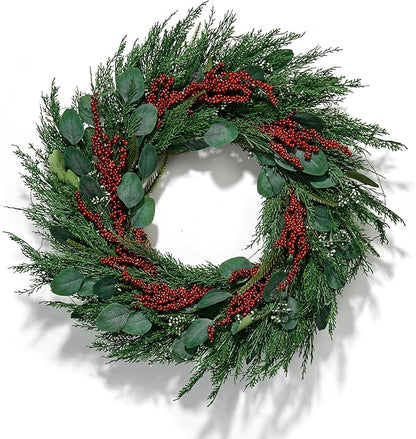 LampLust Winter Wreaths for Front Door Outside, 24 Inch Cypress & Eucalyptus Wreath with Red Berries 100 LED Lights, Timer, Battery Powered, Farmhouse Wreath Year Round, Winter Wreaths for Indoors