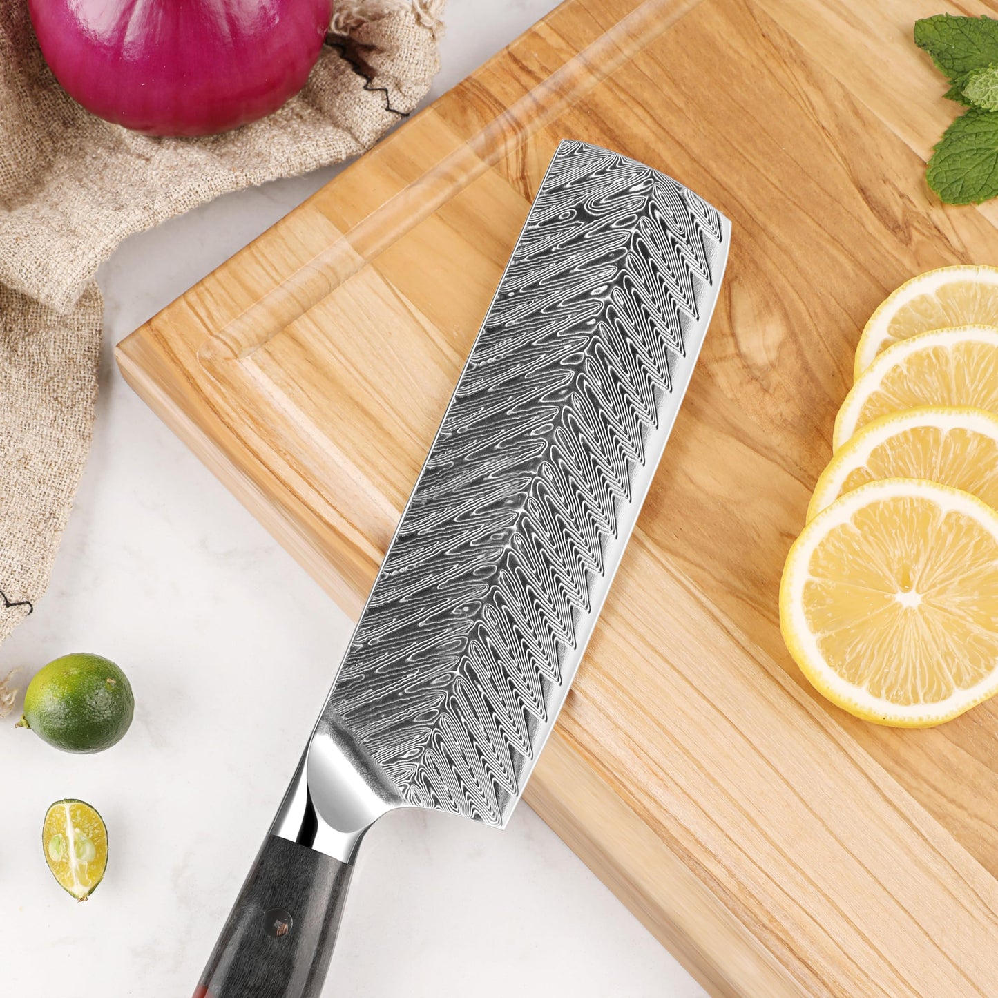 Seido Knives Inferuno 7 Inch Nakiri Knife – AUS-10 Core with 73-Layer Damascus Steel and Ergonomic Resin Maple Handle