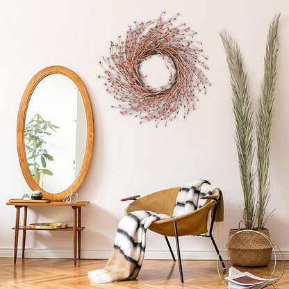 18 Inch Fall Front Door Wreath with Artificial Twig, Red & Burgundy Berry, Eucalyptus Leaves, Large Grapevine for Farmhouse Window Hanging Decor