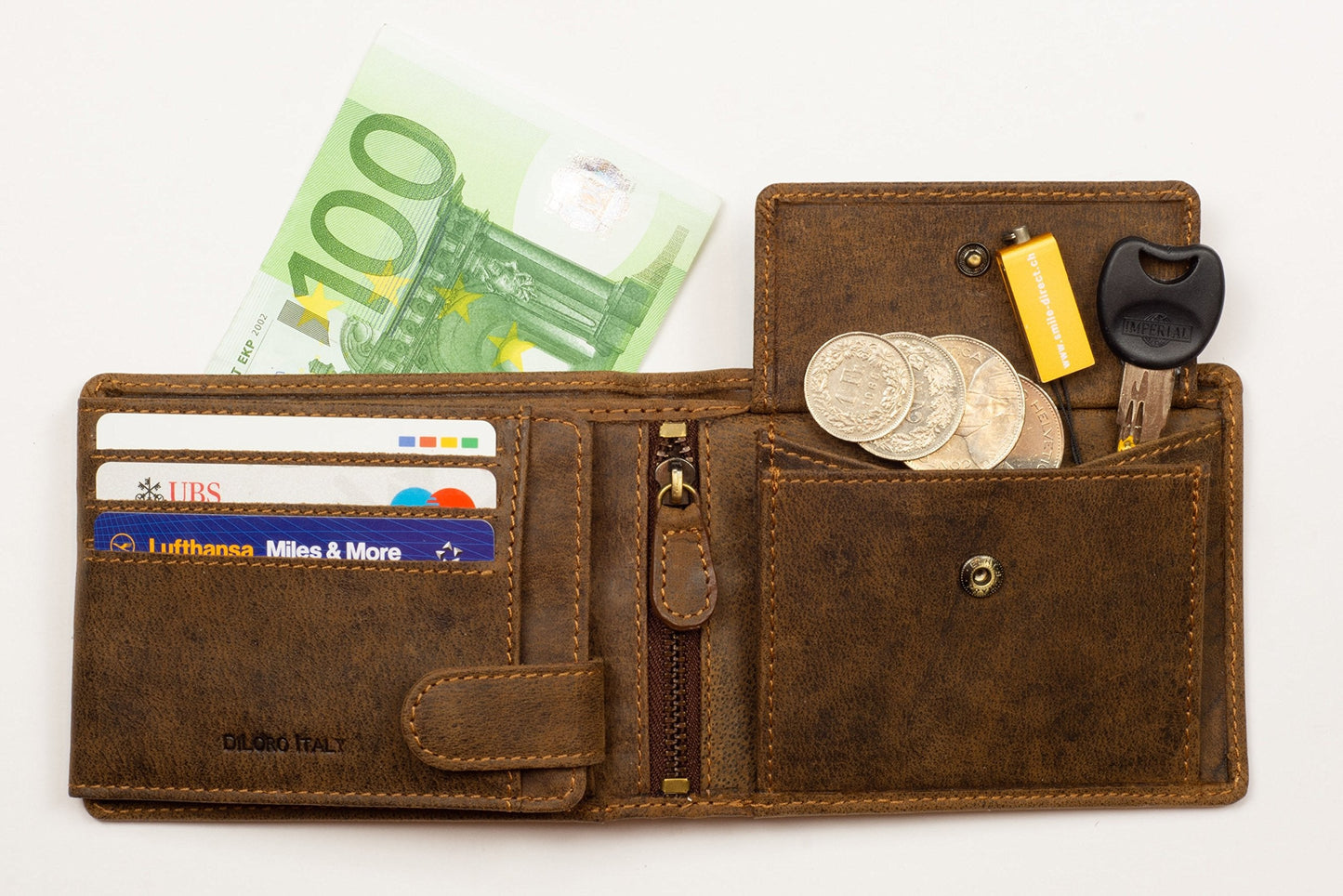 DiLoro Italy Full Size Mens Leather Wallet Bifold Flip ID Zip Coin Wallets with RFID Protection (Dark Hunter Brown With ID)