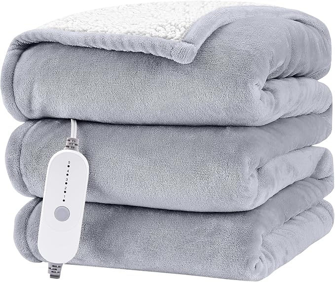 HYLEORY Heated Electric Blanket Throw 50"x60" Soft Fleece & Flannel with 5 Heating Levels & 3 Hours Timer Auto Shutt Off, ETL Certified, Washable，Heated Blanket for Body-Light Grey