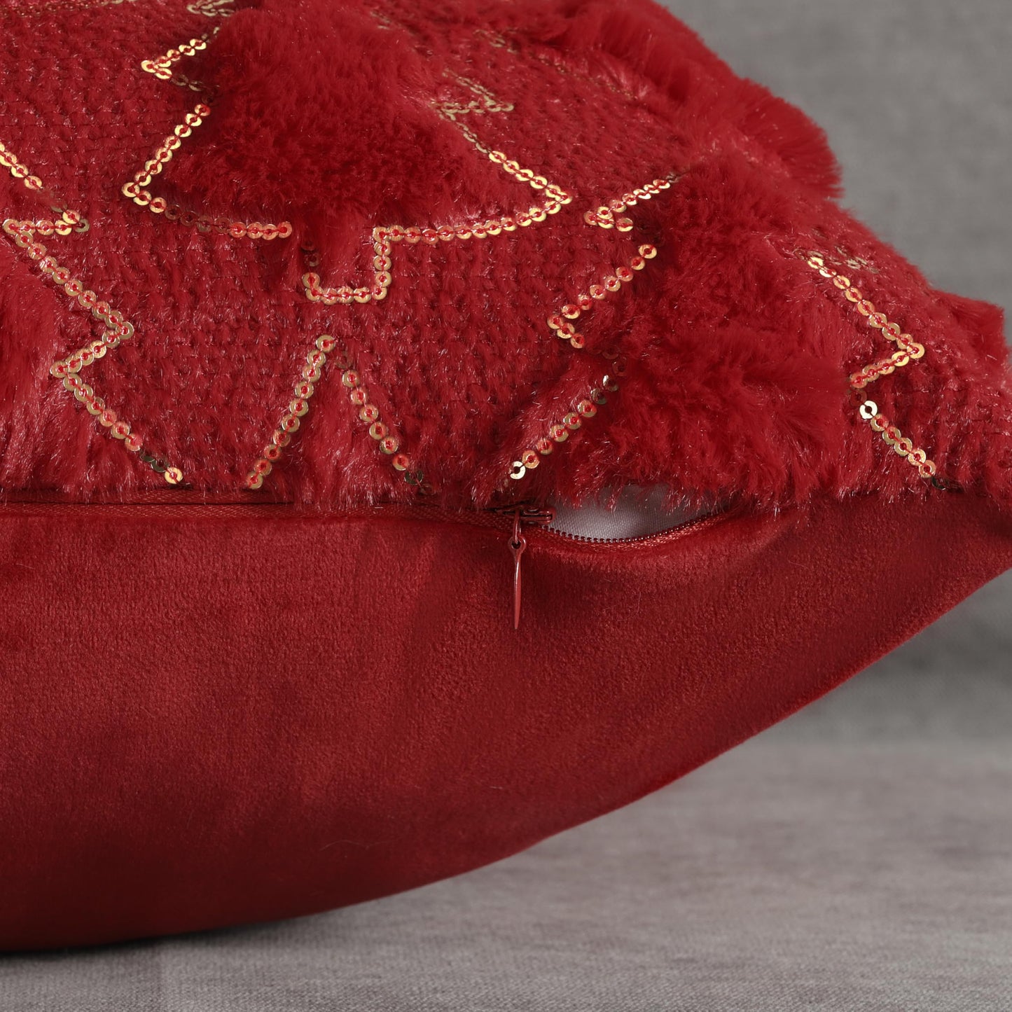 4TH Emotion Christmas Tree Decorative Pillow Covers 18x18 Set of 2, Red Soft Plush Faux Fur Farmhouse Throw Cushion Cases for Xmas Winter Holiday Home Decorations