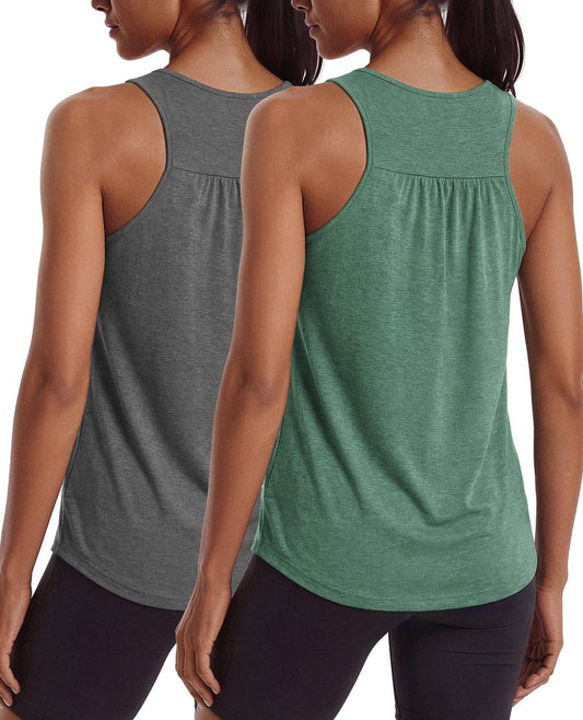 PINSPARK Workout Tops for Women Racerback Tank Top Moisture Wicking Athletic Yoga Shirts Sleeveless Crewneck Running Sports Muscle Tee,Dark Grey/Dark Green 3XL