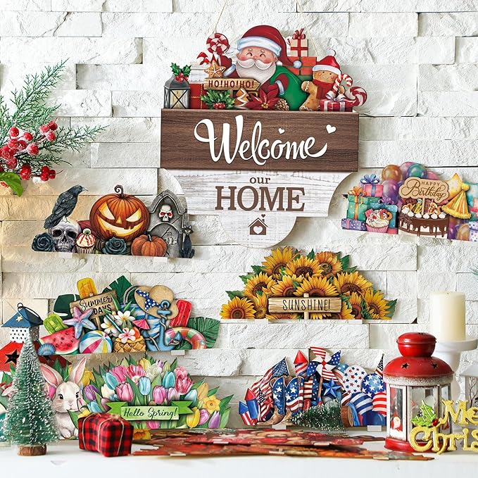 Yousoontic 17 Pcs 12 Inch Magnetic Welcome Door Sign Interchangeable Front Door Decor Rustic Fall Seasonal Hanging Sign Halloween Christmas Decor for Home Warming Gift(Bright Color,Classic Welcome)