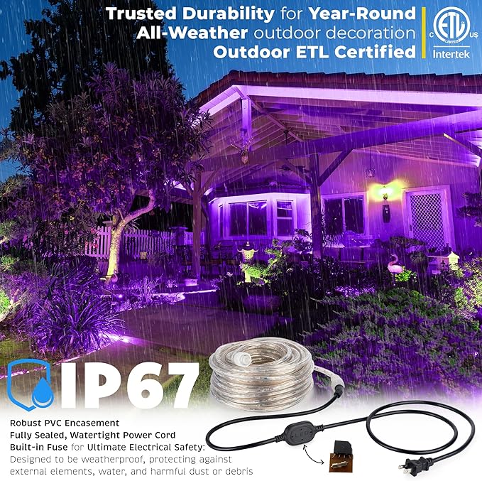 WYZworks 108LEDs 10ft LED Outside Rope Lights, Outdoor ETL Certified Waterproof Permanent 360 Degree Light Emitting, Flexible Tube, Connectable, Christmas Palm Tree Exterior Landscape, Purple