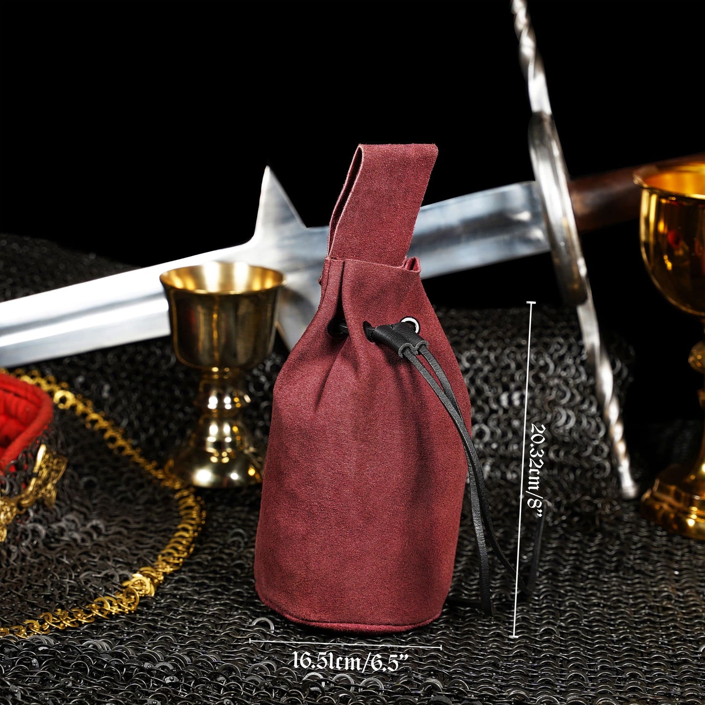 Mythrojan Drawstring Belt Bag Renaissance Costume Accessories Medieval Suede Leather Purse Viking Coin Jewelry Pouch Waist Bag for LARP, Festivals, Renfaire, Reenactments - Wine Red, 8" x 6.5"