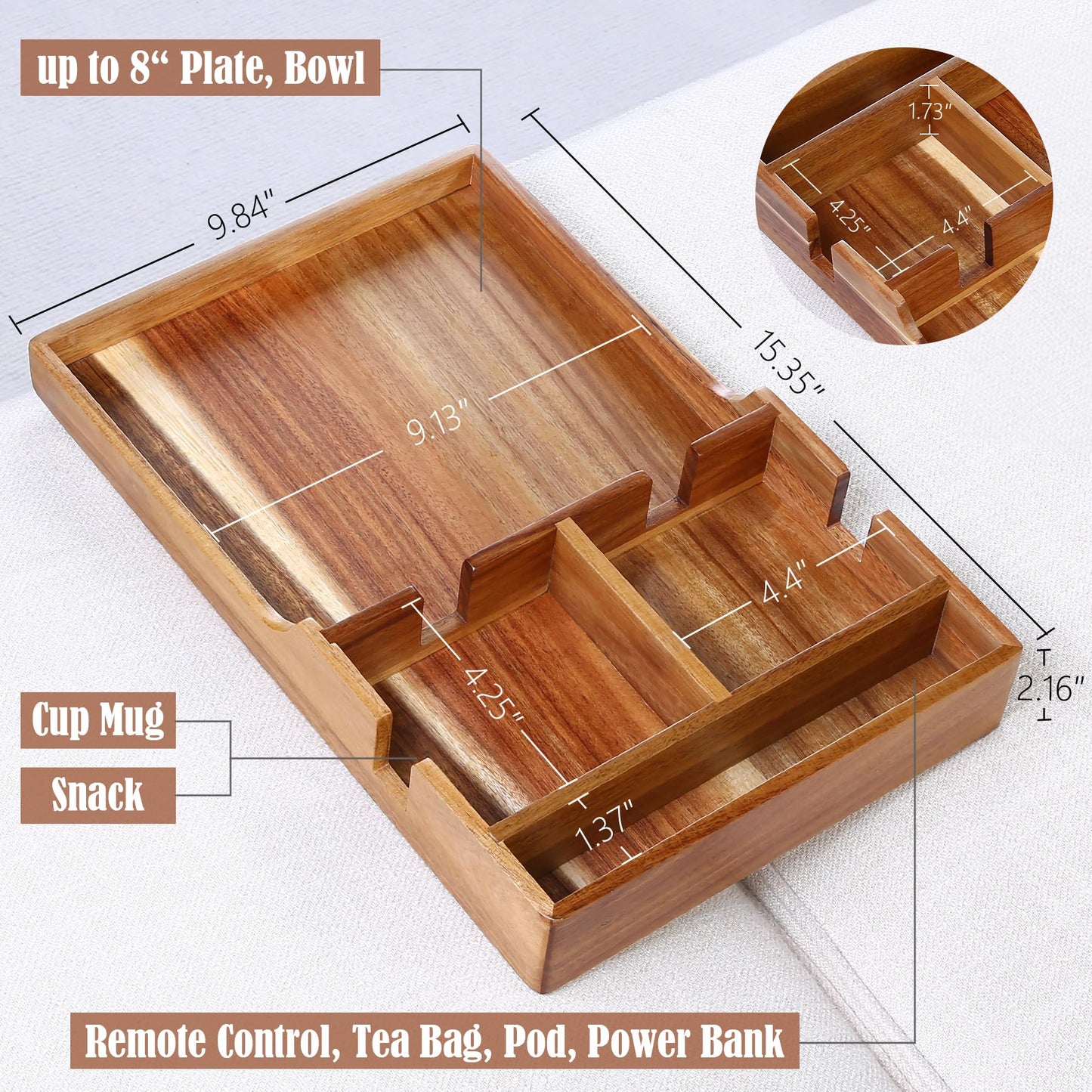 Nnewvante Couch Tray Insert with Cup Holder,2-in-1 Insert & Flat Sofa Organizer Acacia Wood with 2 Cup Holders,Fits Middle Couch or Ottomans,for Snacks, Drinks, Remotes,15.35x9.84-inch